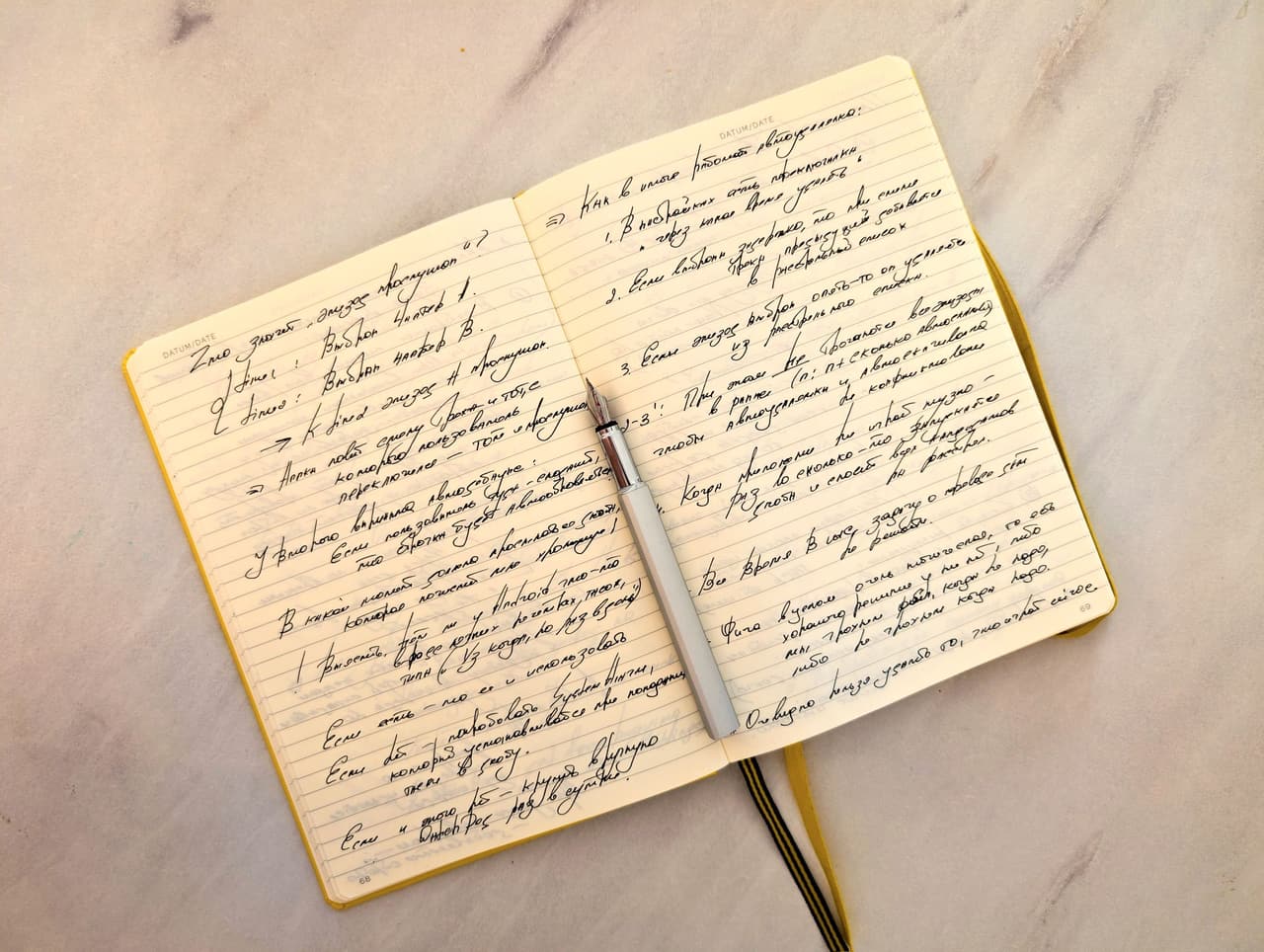 An open notebook, both pages filled with handwriting